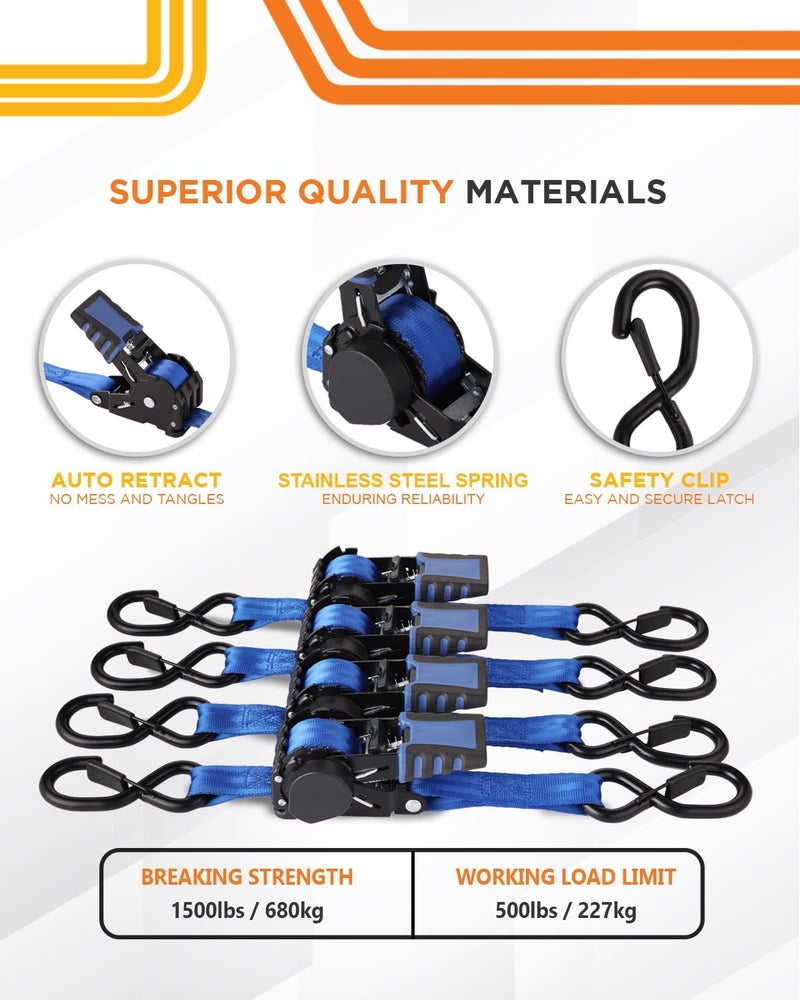 Strapinno 4 Pack Auto Retractable Ratchet Straps Bundle -1 in x 6 ft, 1500 LBS Break Strength Each, Heavy Duty Tie Down Straps for Cargo Securing, Weather Resistant Safety S-Hooks, Blue Strap - Image 4